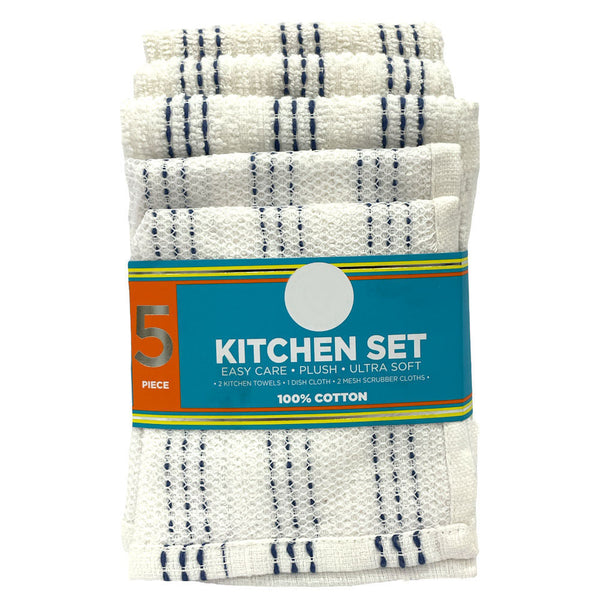 Sultan's Linens 5 PC Kitchen Towel, Dishcloth & Scrubber Set in White & Blue