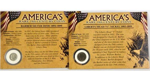 First Commemorative Mint America's Liberty Nickel 1883-99 & Barber Dime 1892-99 -