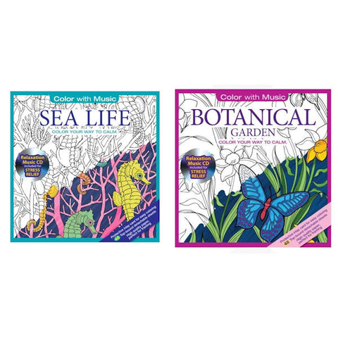 Color Your Way To Calm, Color with Music, Sea Life & Botanical Garden - 2 Books -