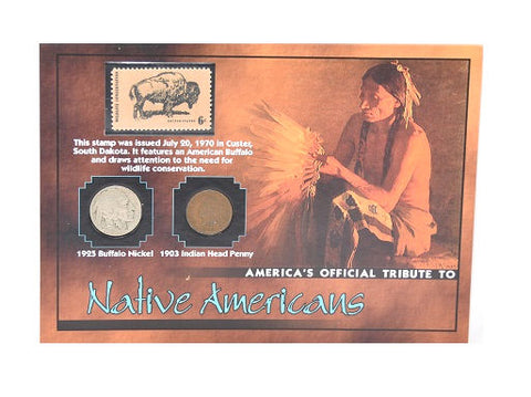 The Morgan Mint Tribute To Native Americans 1925 Nickel 1903 Penny & 1970 Stamp -