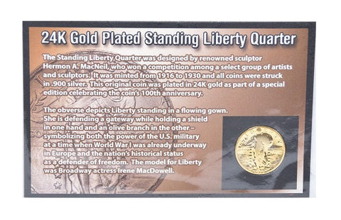 First Commemorative Mint 24K Gold Plated Standing Liberty Quarter 1916 to 1930 -