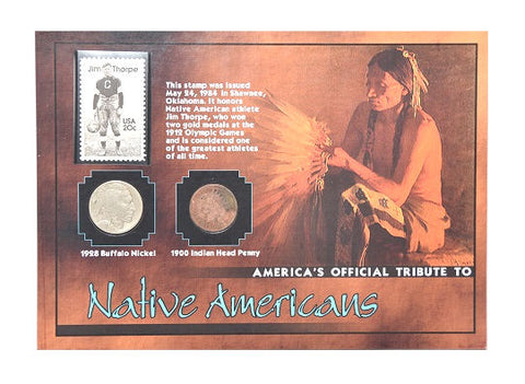 The Morgan Mint Tribute Native Americans 1928 Nickel 1900 Penny & 1984 Stamp -