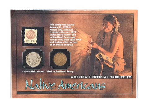 The Morgan Mint Tribute Native Americans 1924 Nickel 1904 Penny & 1978 Stamp -