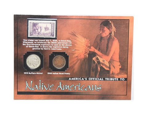 The Franklin Mint Tribute Native Americans 1919 Nickel 1908 Penny & 1934 Stamp -