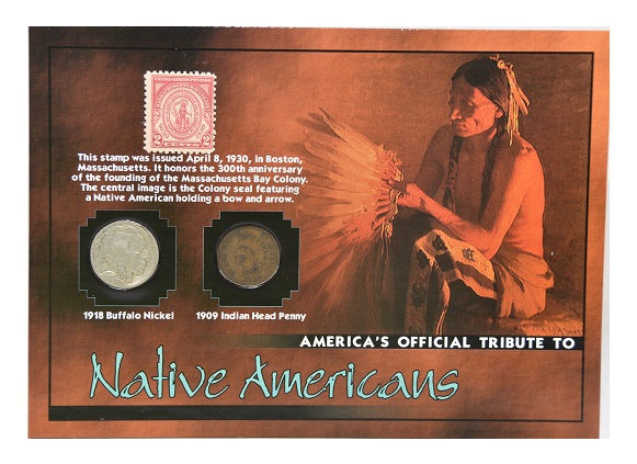 The Morgan Mint Tribute Native Americans 1918 Nickel 1909 Penny & 1930 Stamp -