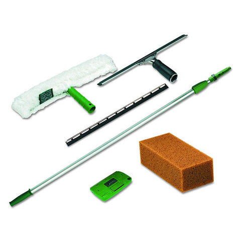 Unger PWK00  Window Cleaning Kit w/8ft Pole,Scrubber,Squeegee,Scraper,Sponge-NEW -