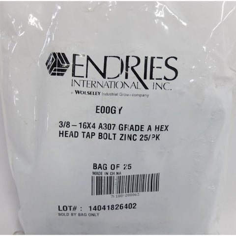Endries International E00GY 3/8-16X4 Grade A Hex Head Tap Bolt - 25 Pack -