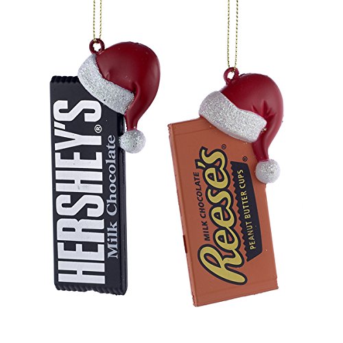 Hershey's Bar and Reese's Cups Holiday Ornaments with Santa Hat Set -