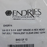Endries International 3/4-10 x 3-1/4 Zinc Hex Head Tap Bolt - 12 Pack -