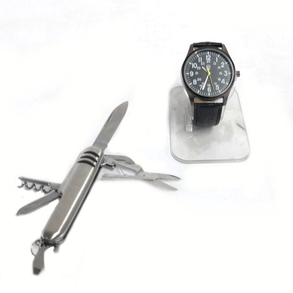 Gold Coast Men's Watch with Leather Band & Pocket Knife Multi-tool -