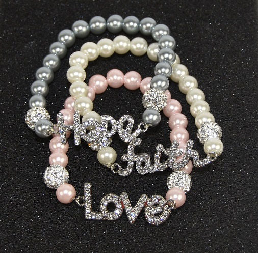 Wholesale Lot of Women's Hope, Love & Faith Pearl Bracelet Sets, 36 Sets -
