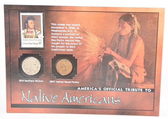 Native Americans 1931 Buffalo Nickel, 1987 Indian Head Penny & 1968 Stamp -