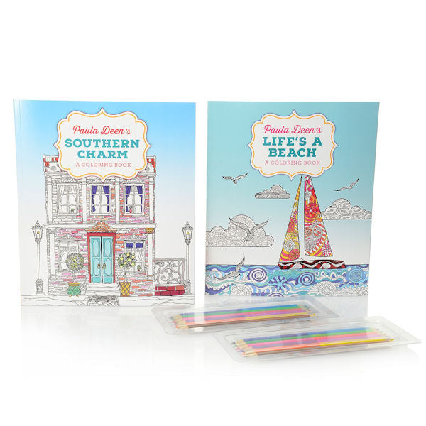 Paula Deen "Life's a Beach" & "Southern Charm" Coloring Books w/ Colored Pencils -